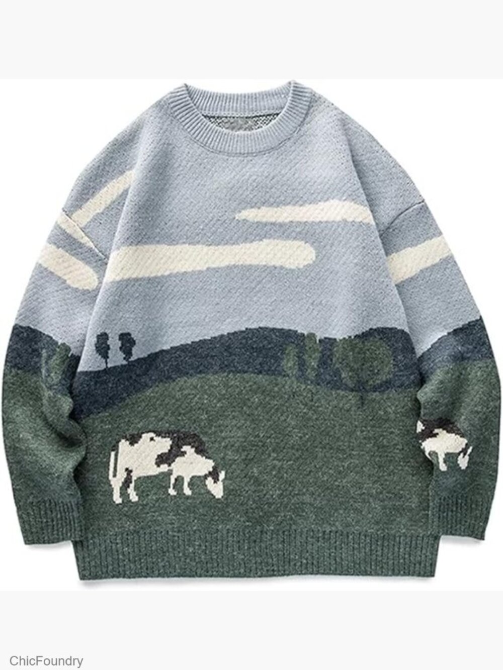 Mens Vintage Oversized Cable Knit Sweater Pullover Crewneck Grandpa Y2k Casual - Picture 1 of 7